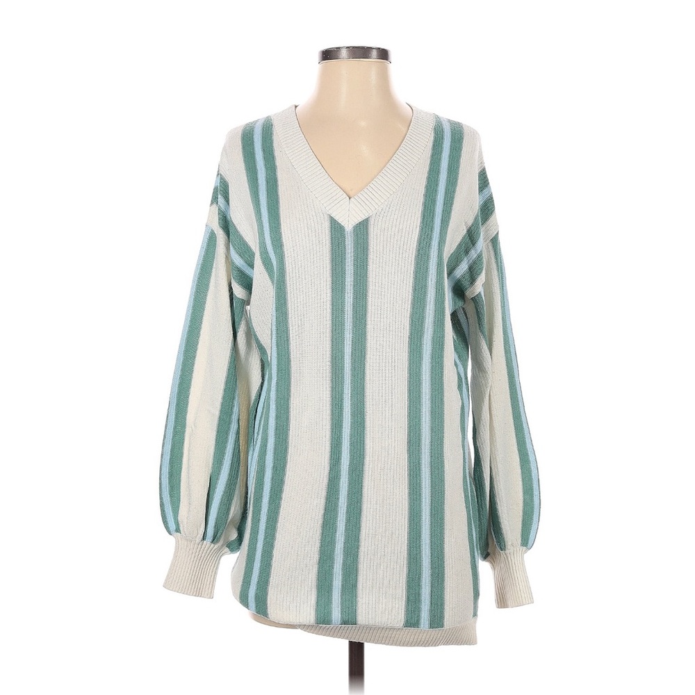 Target V-Neck Sweater with Vertical Stripes Blue, Green, and Cream Size Small